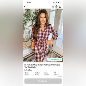 Red & White Plaid Button up Dress with Front Tie